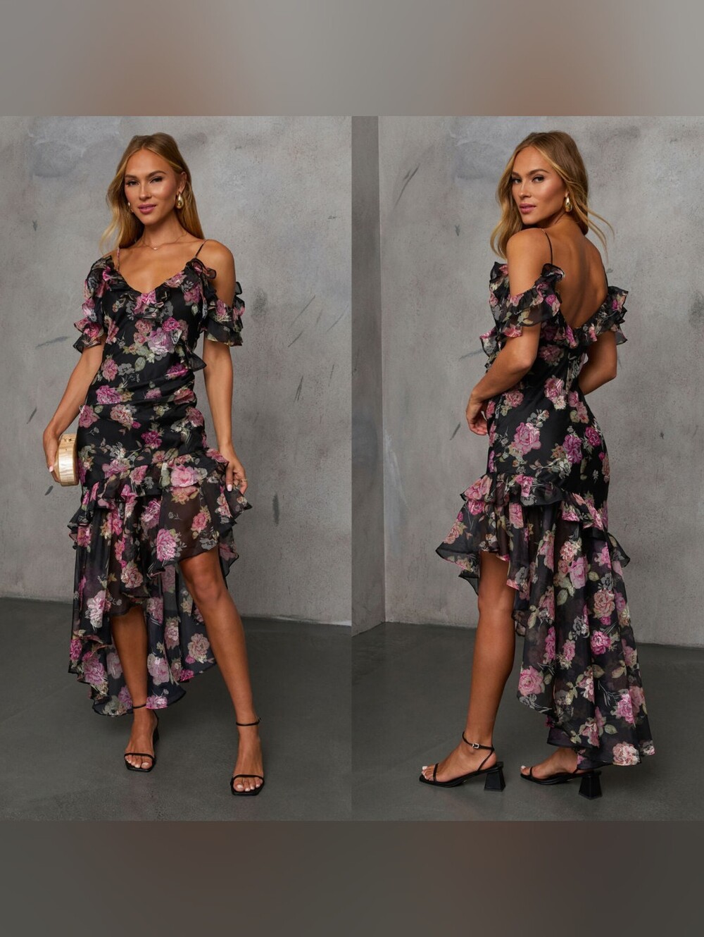 Vici Black Floral Cold-Shoulder Ruffle High-Low Maxi Dress